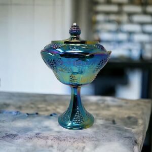 Vintage Indiana Glass Harvest Grape Blue Carnival Compote W/Lid Vintage